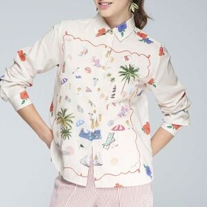 Vilagallo Isabella Menorca BEACH  Print Shirt Long Sleeve Size 44 (12) COTTON